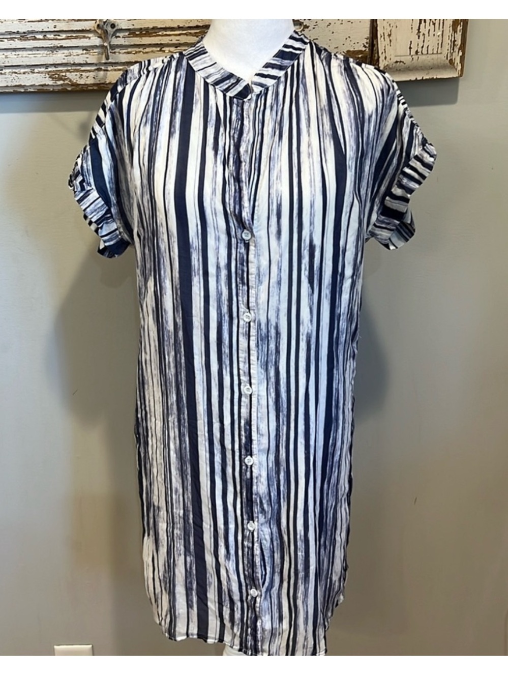 Like New! Bella Dahl Blue Striped Button Down Lined Dress